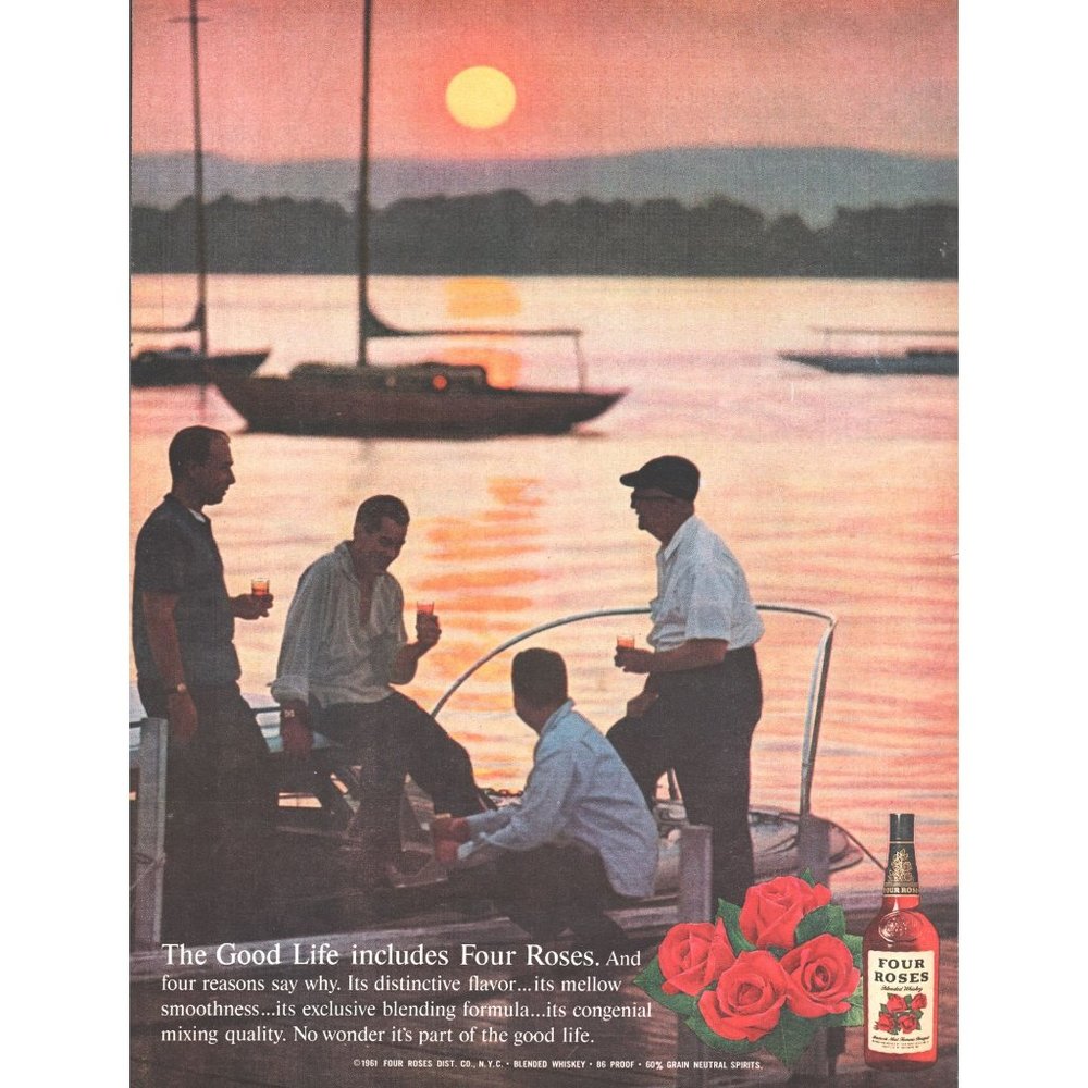 1961 Four Roses Whiskey Vintage Print Ad Sunset Lake Boat Dock Sailboats Summer